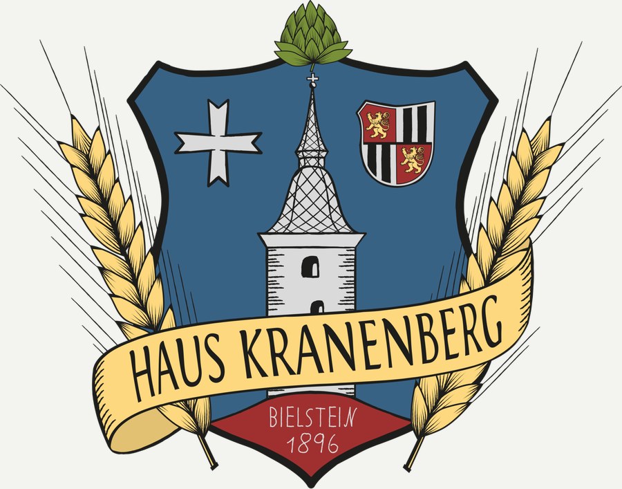 Wappen von Haus Kranenberg mit Hopfendolde, Kirchturm und Ähren